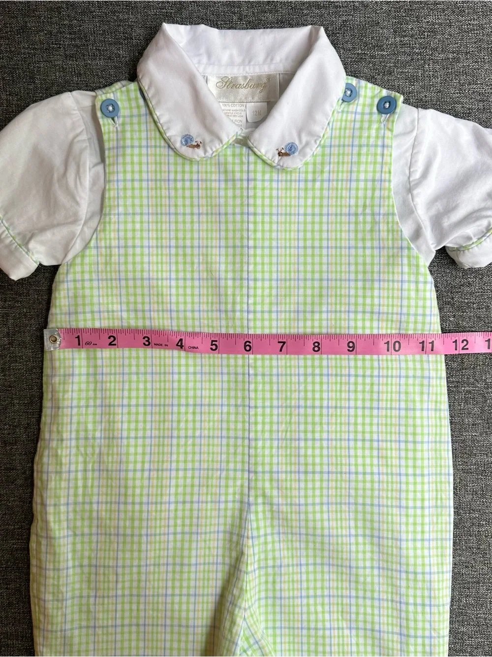 Strasburg Baby Boy Cotton John John Snail Shirt Set Blue Green White Plaid 12